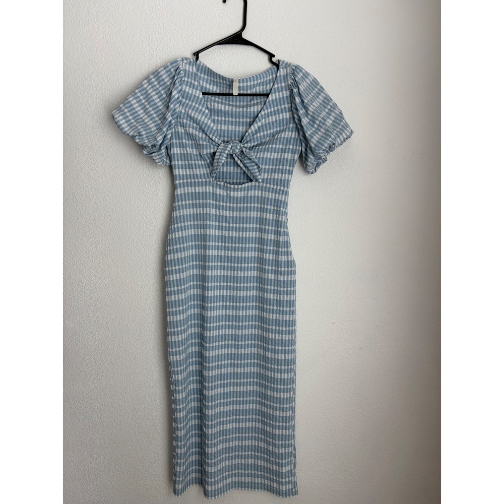 Urban Outfitters Blue Gingham Tie Front Puff Sleeve Midi Dress XS Seersucker‎